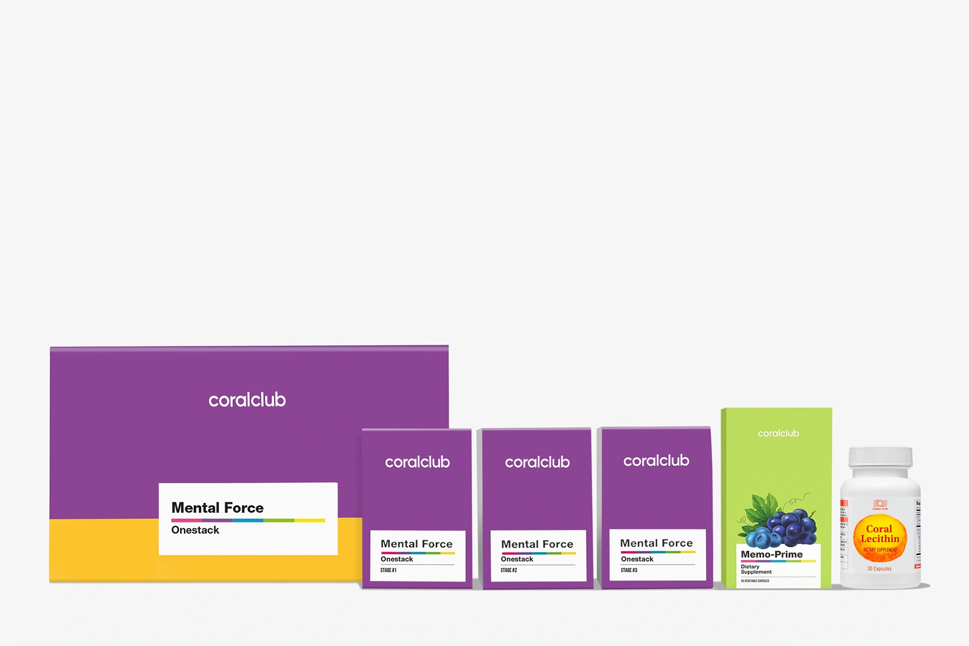Products from the Mental Force kit arranged in a row against a workspace background