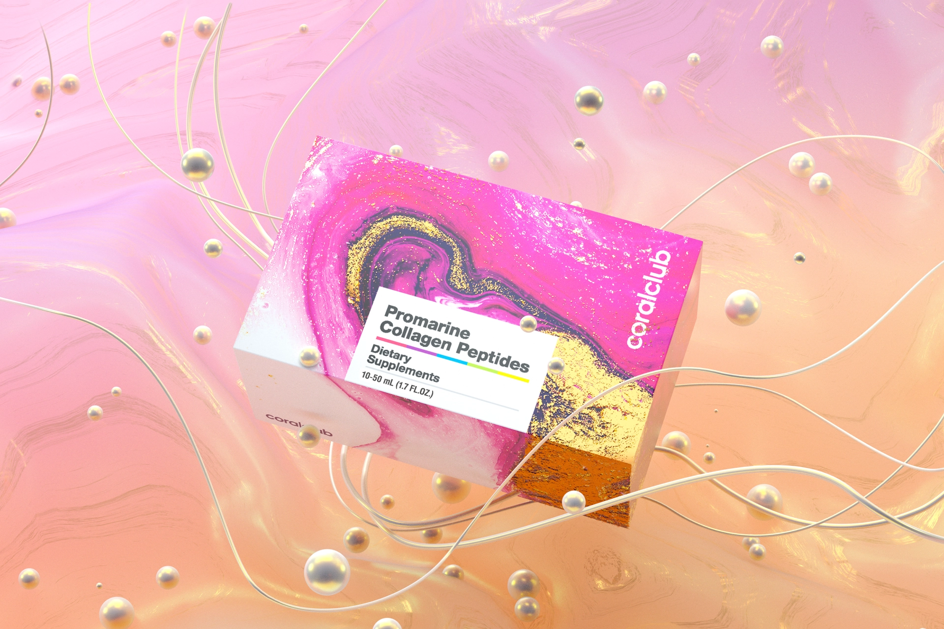 3D visualization of Promarine Collagen Peptides bottles in a premium lifestyle environment