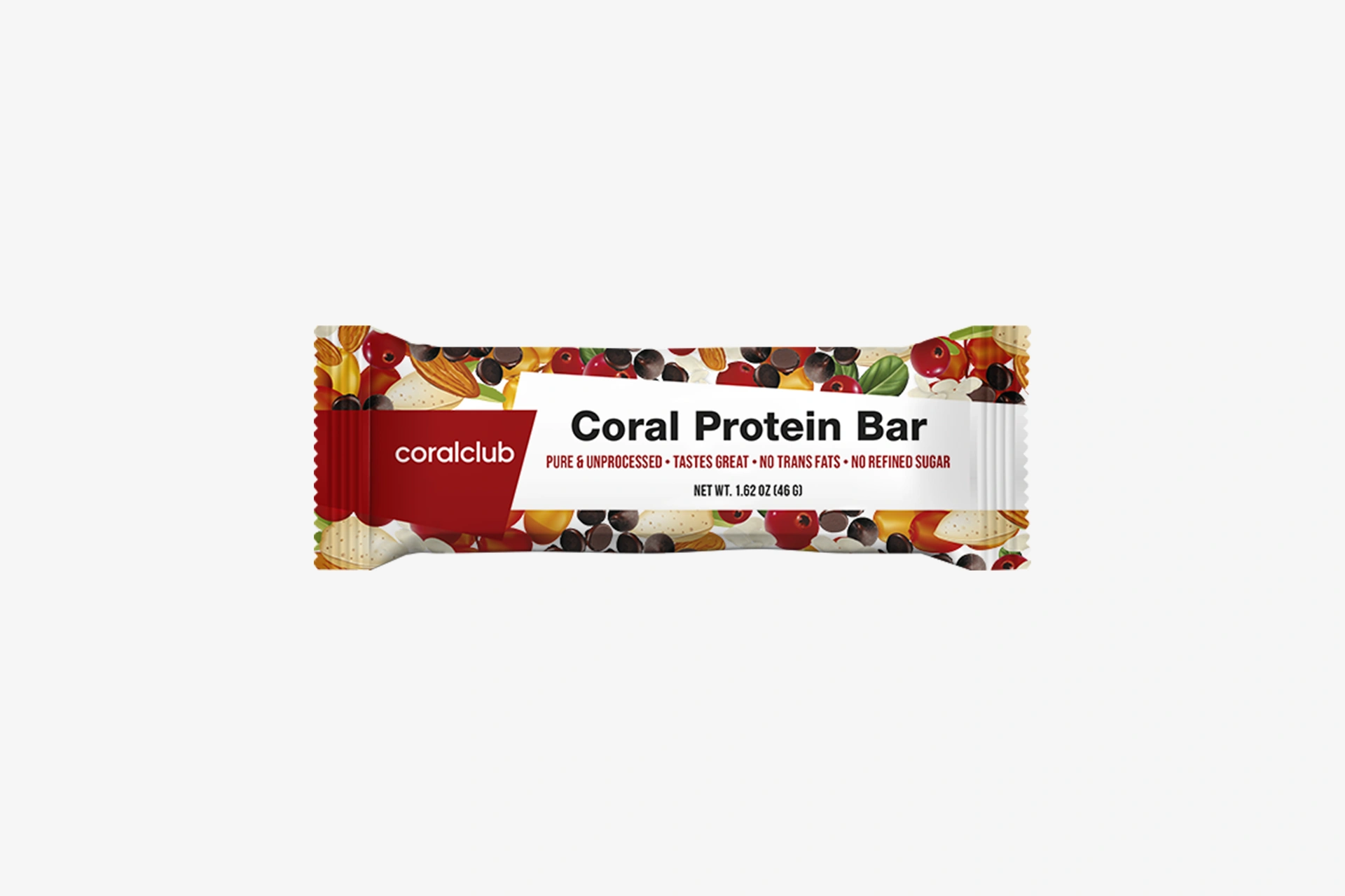 Packaging of natural Super Food Bars with nuts and fruits on a light background