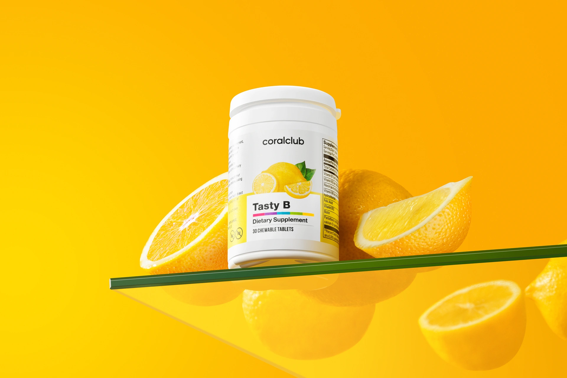 Tasty B complex packaging in a lifestyle setting on a desk