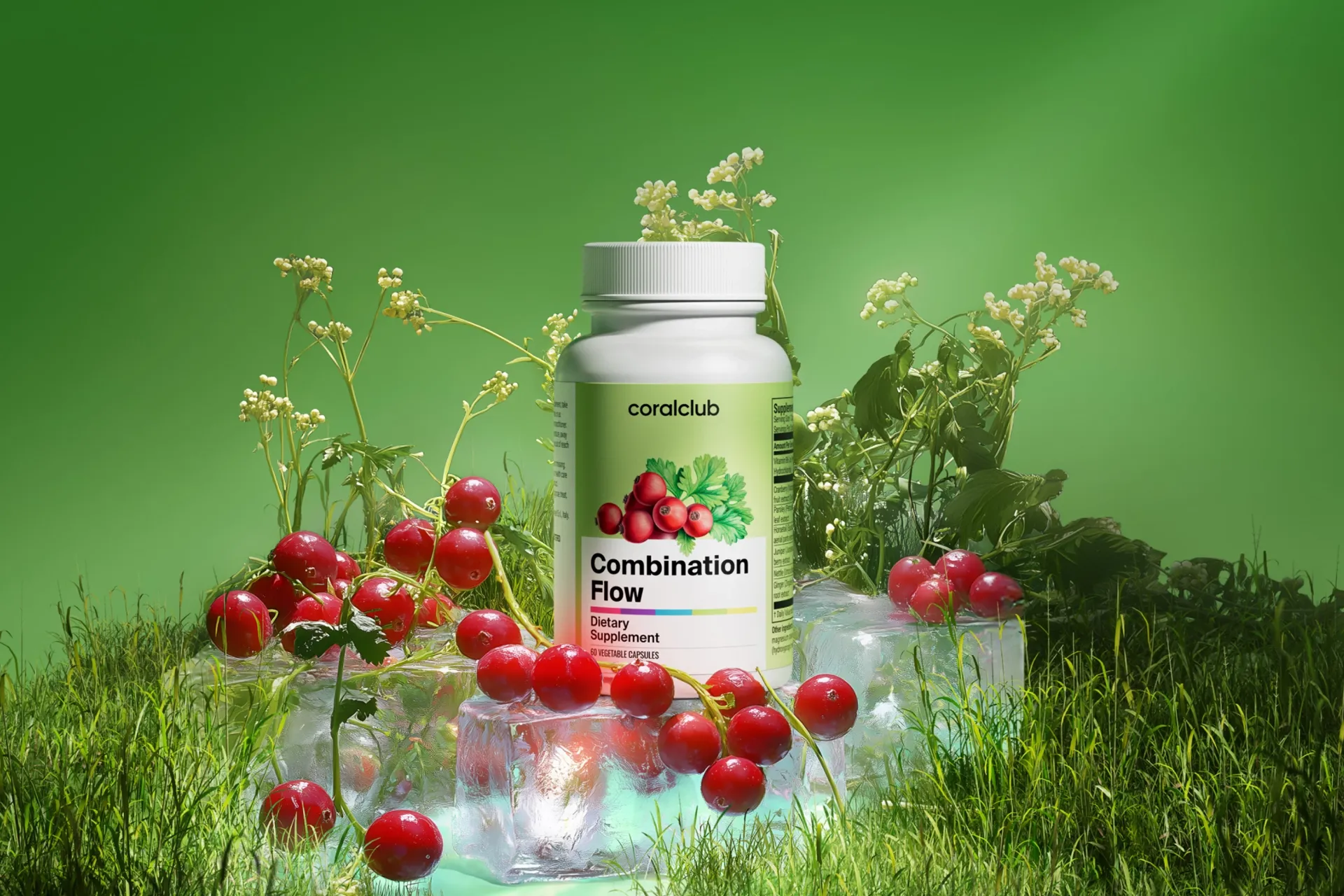 Combination flow complex packaging on an aesthetic pedestal surrounded by fresh cranberries