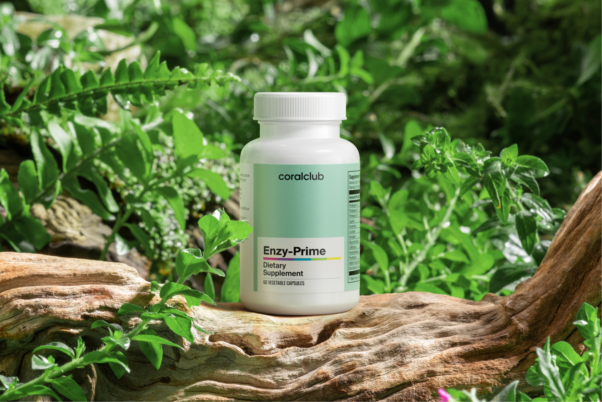 Enzy-Prime complex jar in a lifestyle setting next to fresh green foods