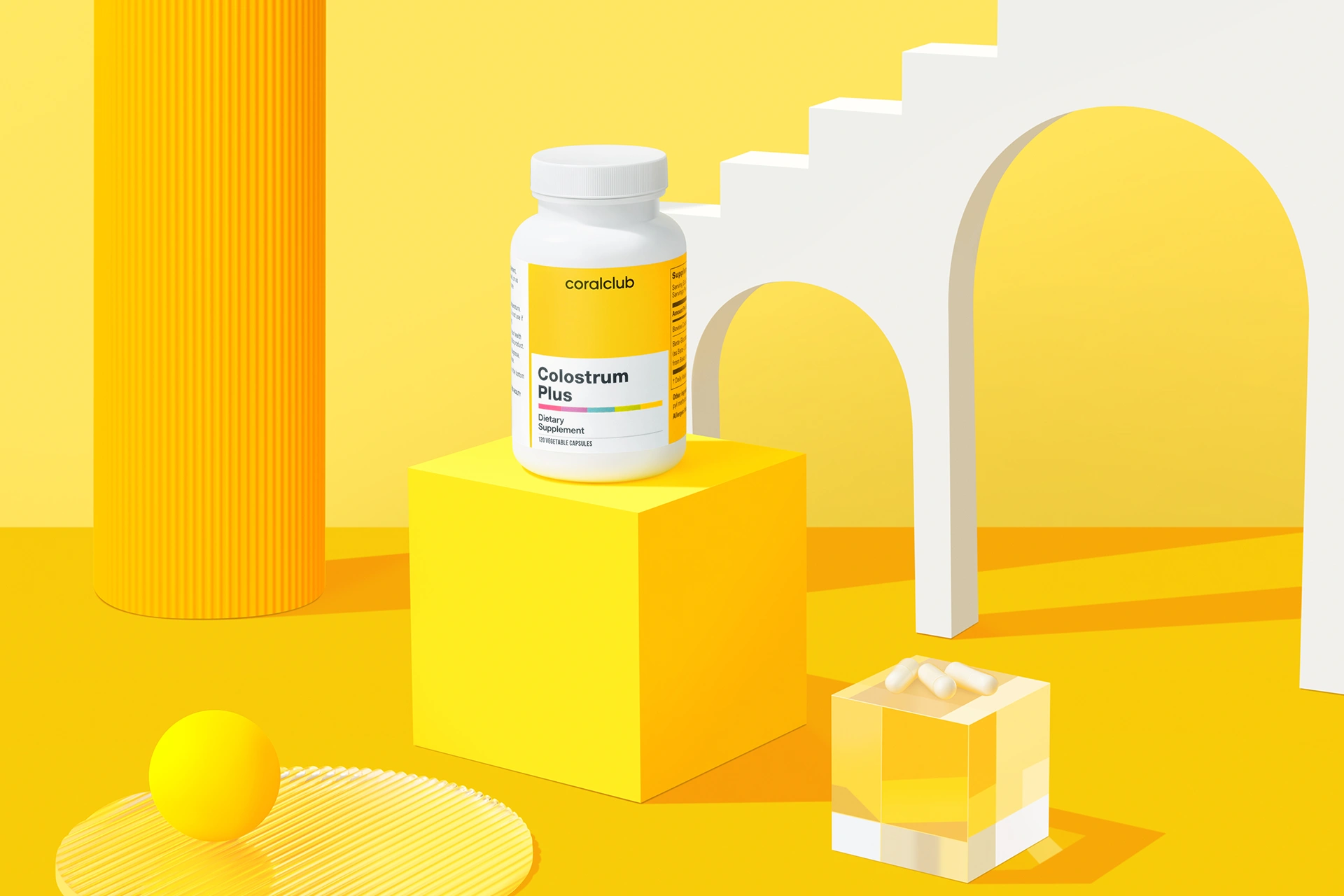 Colostrum Plus capsules against a background of cozy interior and fresh elements